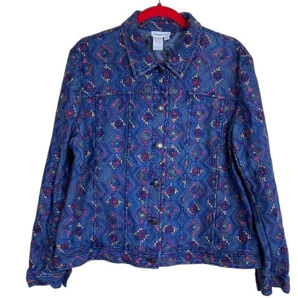 COLDWATER CREEK Boho Aztec Tribal Multicolor Embroidered Cotton Denim Jacket XL - Picture 1 of 16